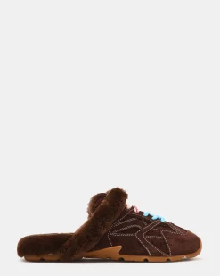 Aziel Mule Faux Fur Chocolate Brown Suede