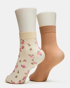 2 Flower Pack Sheer Anklet Socks Vanilla