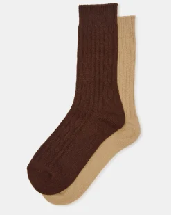2 Pack Cable Texture Boot Socks Brown