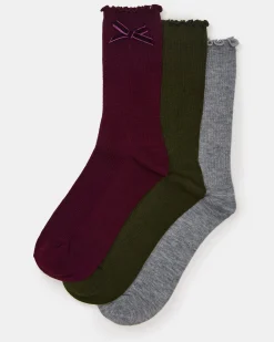 3 Pack Folly Velvet Bow Rib Crew Socks Cherry