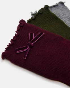 3 Pack Folly Velvet Bow Rib Crew Socks Cherry