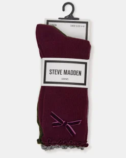 3 Pack Folly Velvet Bow Rib Crew Socks Cherry