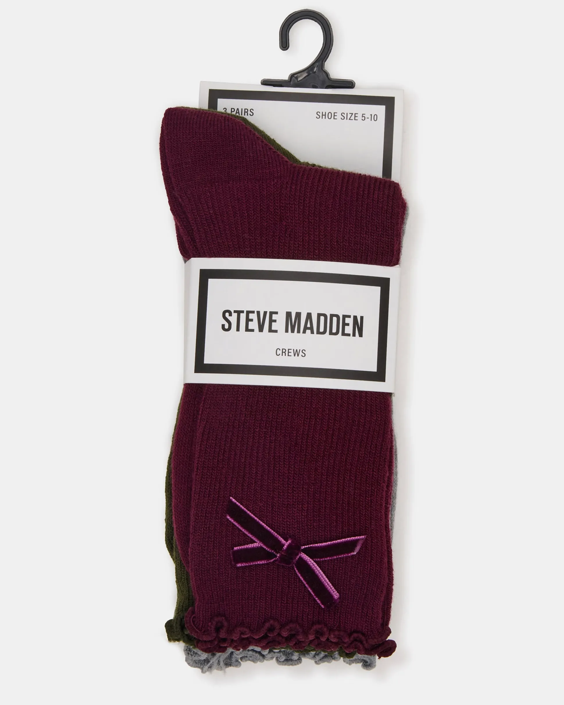 3 Pack Folly Velvet Bow Rib Crew Socks Cherry