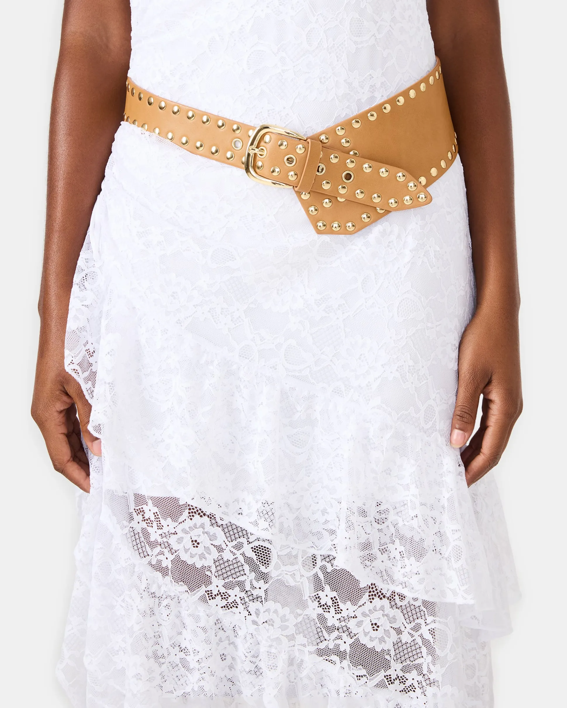 Studded Wide Waist Belt Brown